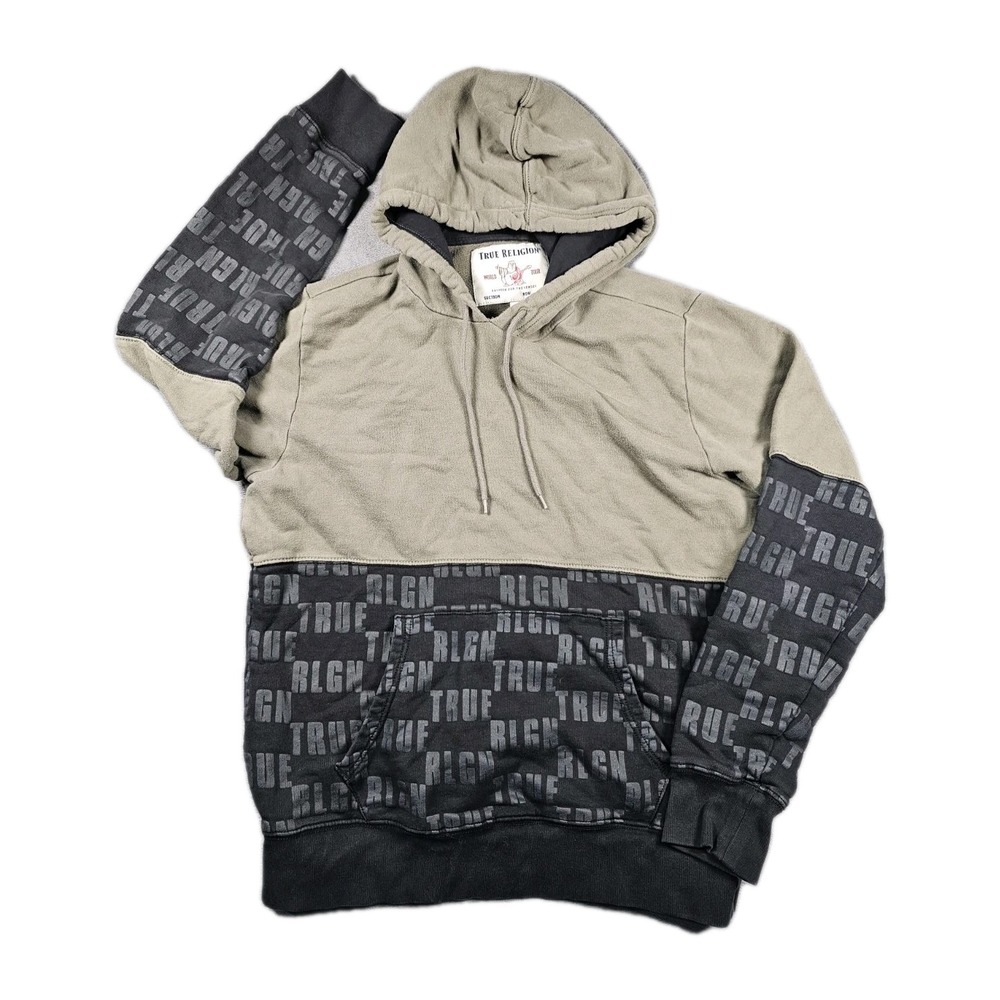 True Religion Hoodie Mens XL Black Green Long‎ Sleeve Logo Colorblock Monogram
